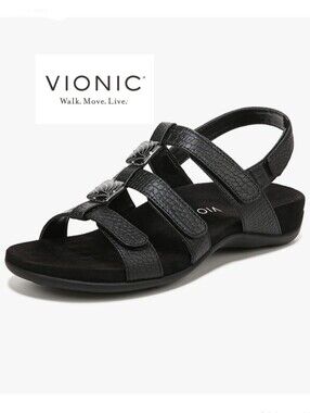 Vionic Women's Amber Black Croc Comfort Sandal Sz 8 Arch Support Adj. Straps